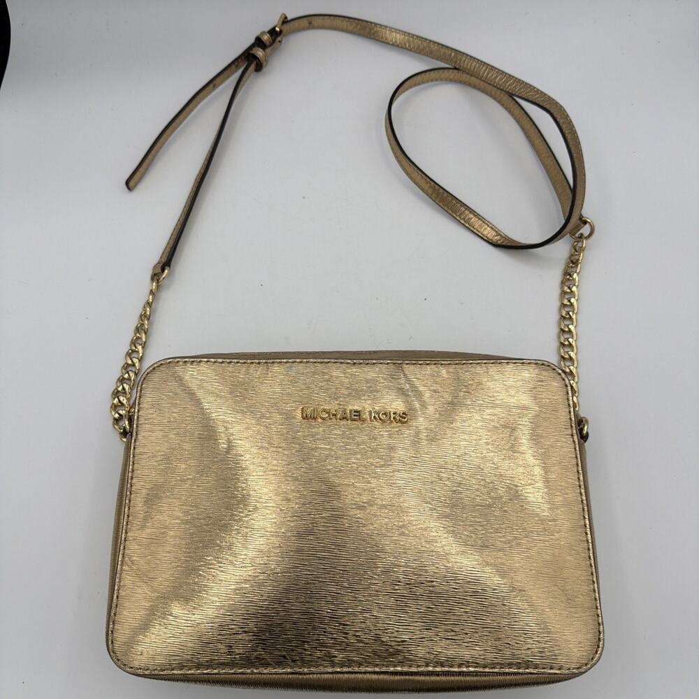 Michael Kors Jet Set Gold Saffiano Leather Crossbody Bag Small Chain Strap